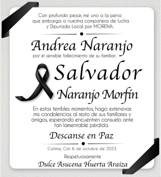 Esquela por la muerte del sobrino de Andrea Naranjo