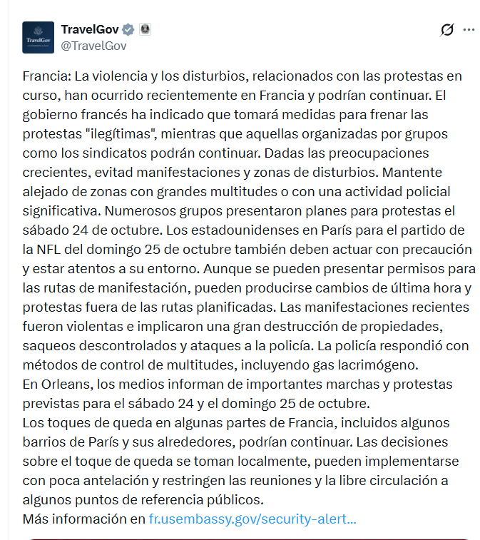 Estados Unidos alerta a sus ciudadanos en Francia