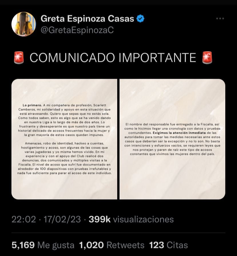 Greta Espinoza se unió a las denuncias por acoso sexual en la Liga MX Femenil.