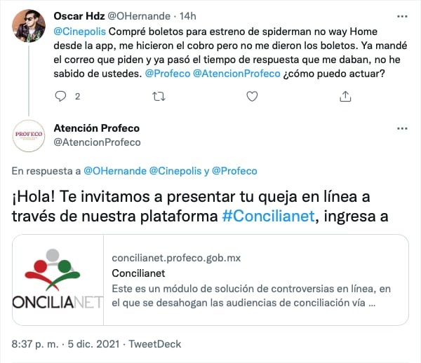 Atención Profeco sobre queja de usuario por no poder obtener los boletos para la película Spider-man: No way home/@AtencionProfeco