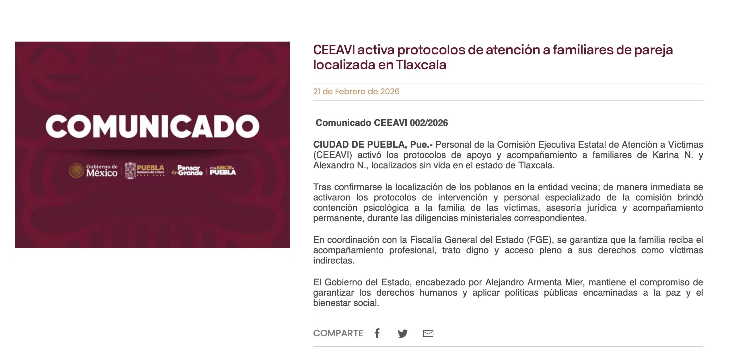 Joven de 22 años queda a cargo de sus hermanos tras asesinato de sus padres en Tlaxcala