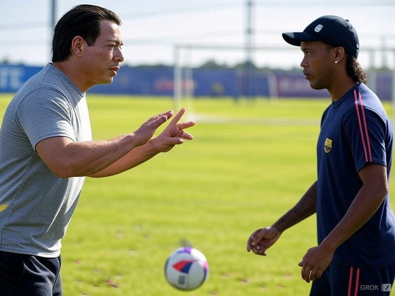 Mario Delgado con Messi, Cristiano Ronaldo y Ronaldinho