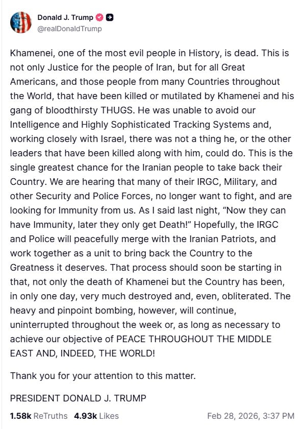 Trump confirma muerte de Alí Khamenei
