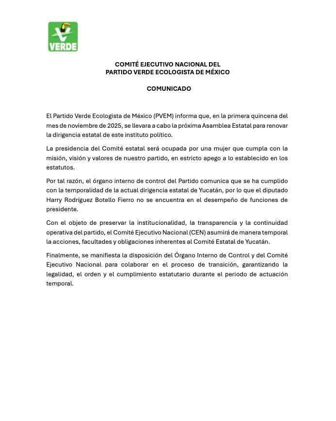 Comunicado del PVEM con el despido de Harry Rodríguez Botello Fierro.