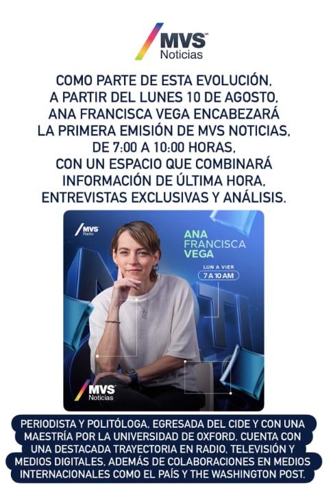 Ana Francisca Vega suplirá a Luis Cárdenas en MVS Noticias
