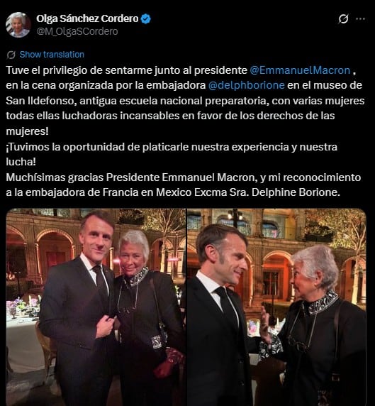 Olga Sánchez Cordero presume su encuentro con Emmanuel Macron