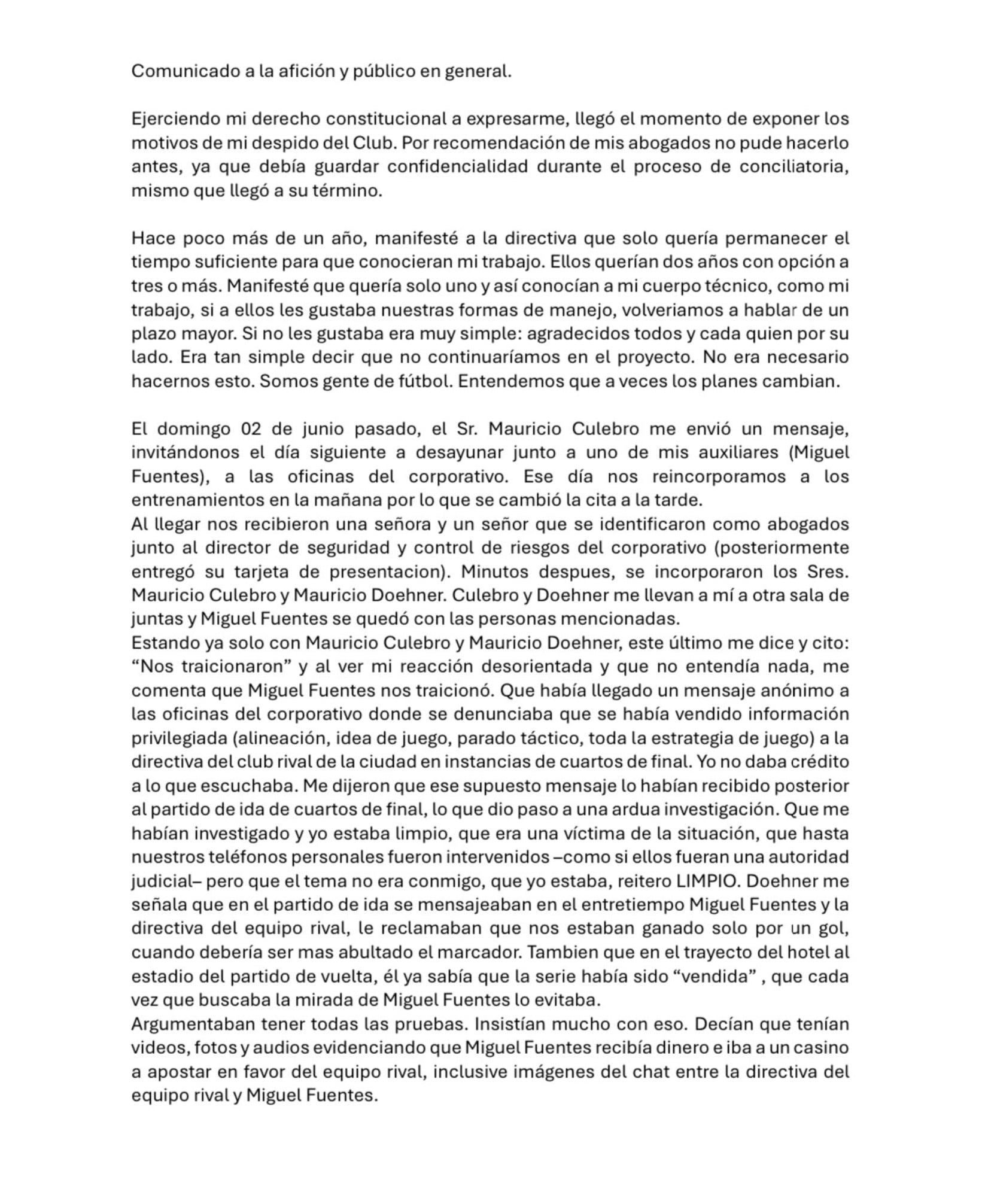 Comunicado de Robert Siboldi sobre Tigres