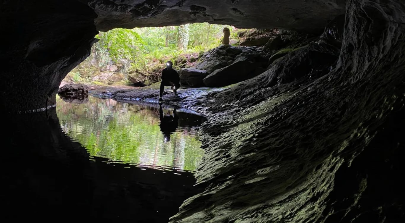 Investigadores de hongo que convierte a las arañas en zombie en las cuevas de Whitefathers en Irlanda.