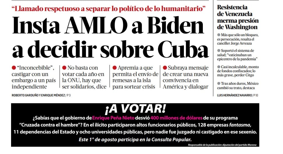 Portada de La Jornada del 27 de julio