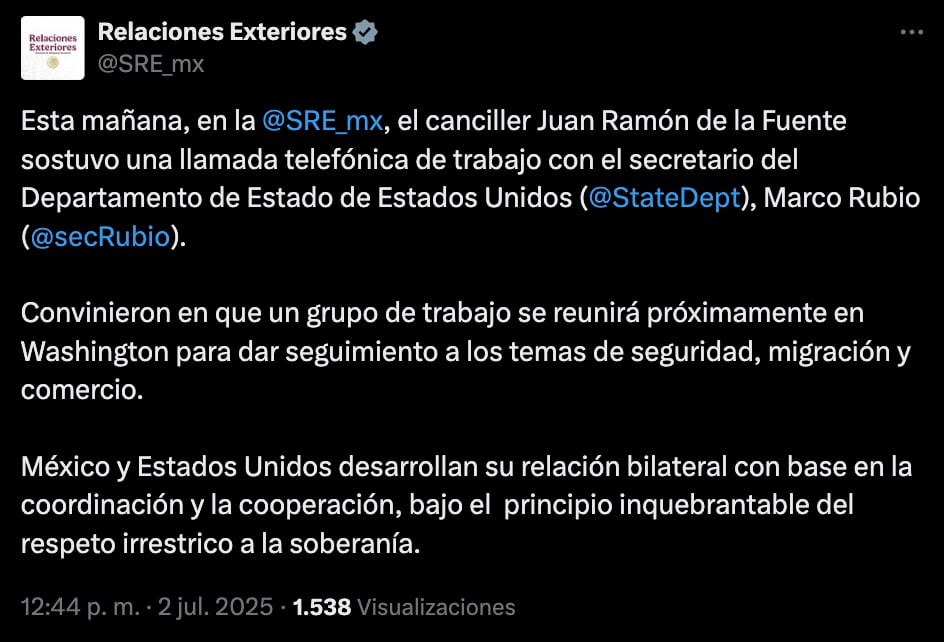Próxima reunión entre Juan Ramón de la Fuente y Marco Rubio
