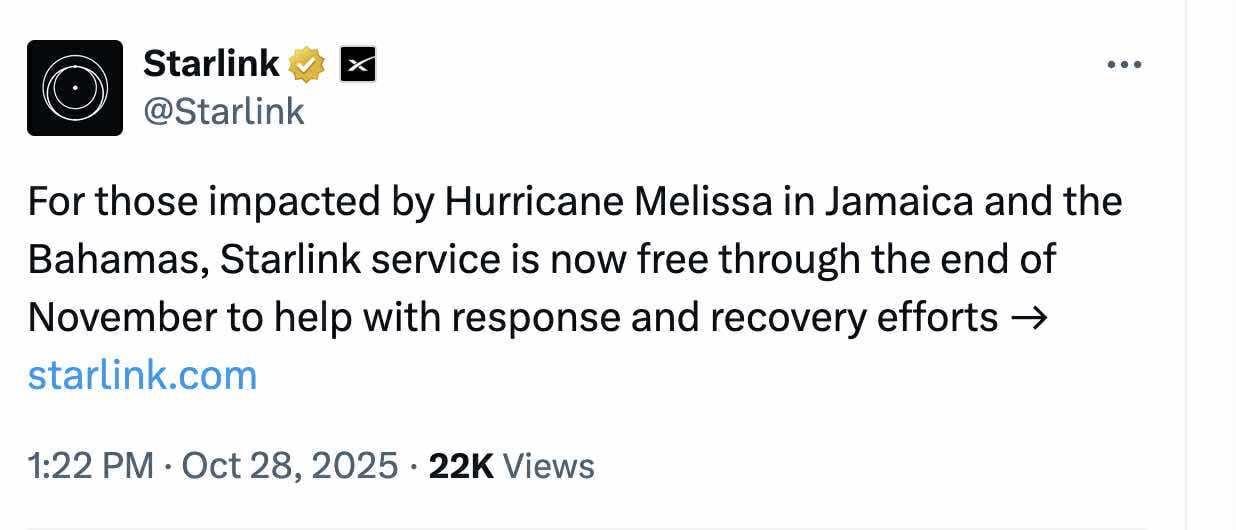 Starlink ofrece internet gratuito en Jamaica tras huracán Melissa
