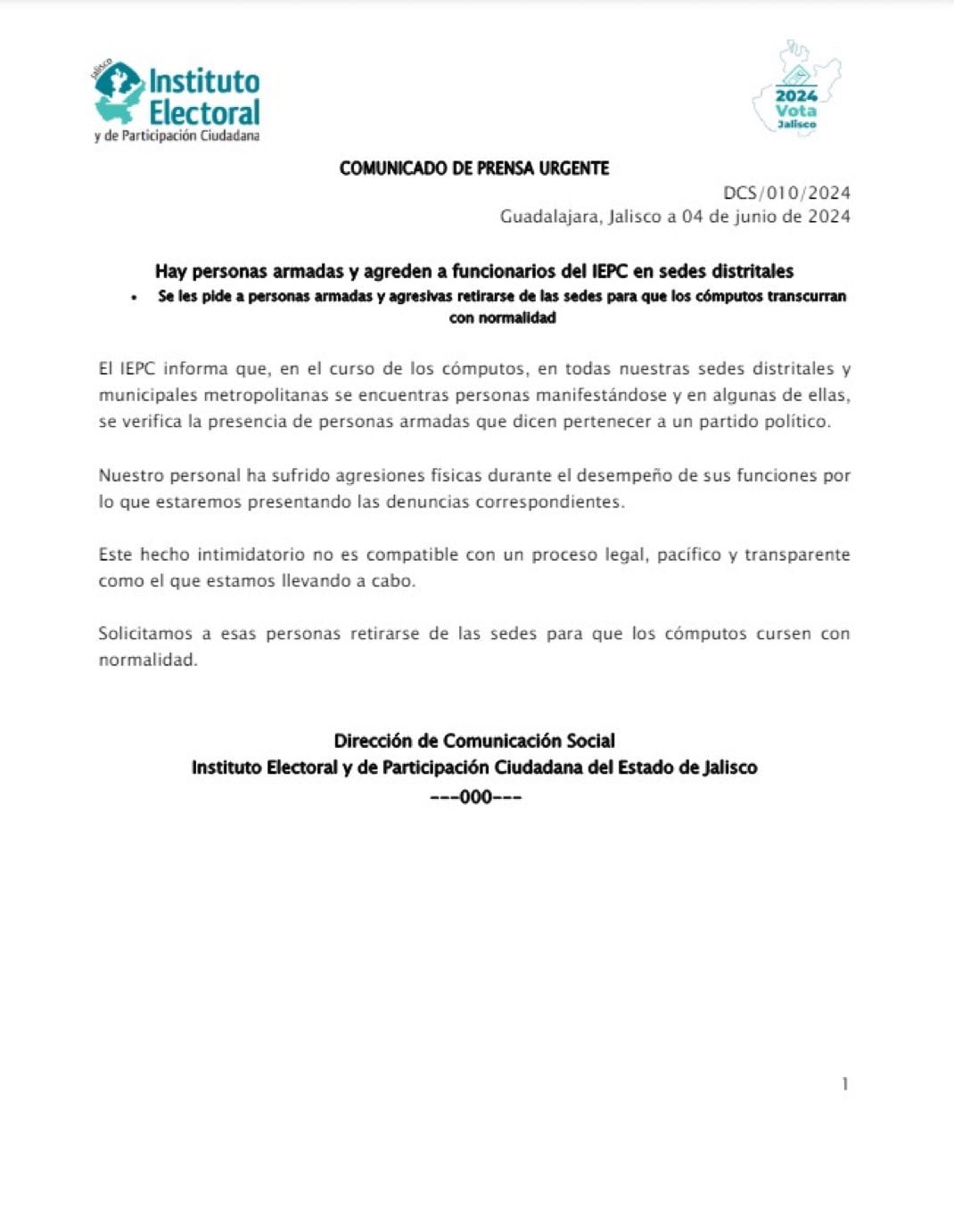 IEPC Jalisco denuncia que militantes armados irrumpen en sus sedes