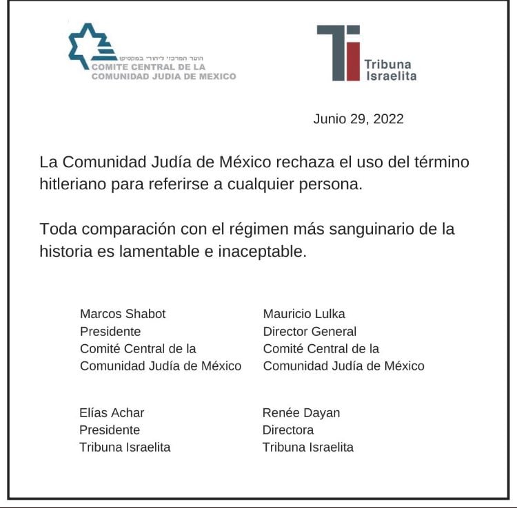 Comunidad Judía en México condena que AMLO haya llamado "hitleriano" a Carlos Alazraki