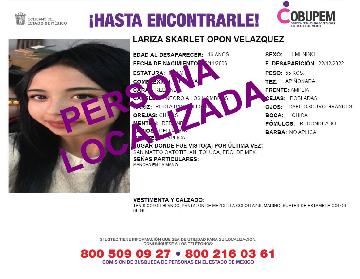 Encuentran con vida a Lariza Skarlet, joven de 16 años que había desaparecido tras salir a la tienda en Toluca