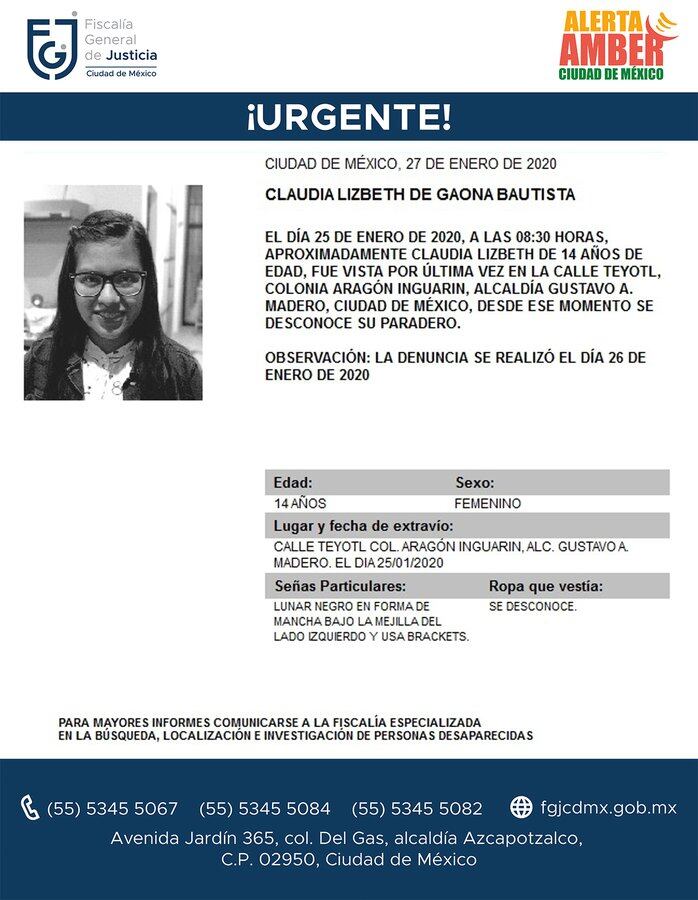 Claudia Lizbeth de Gaona Bautista. Alerta Amber