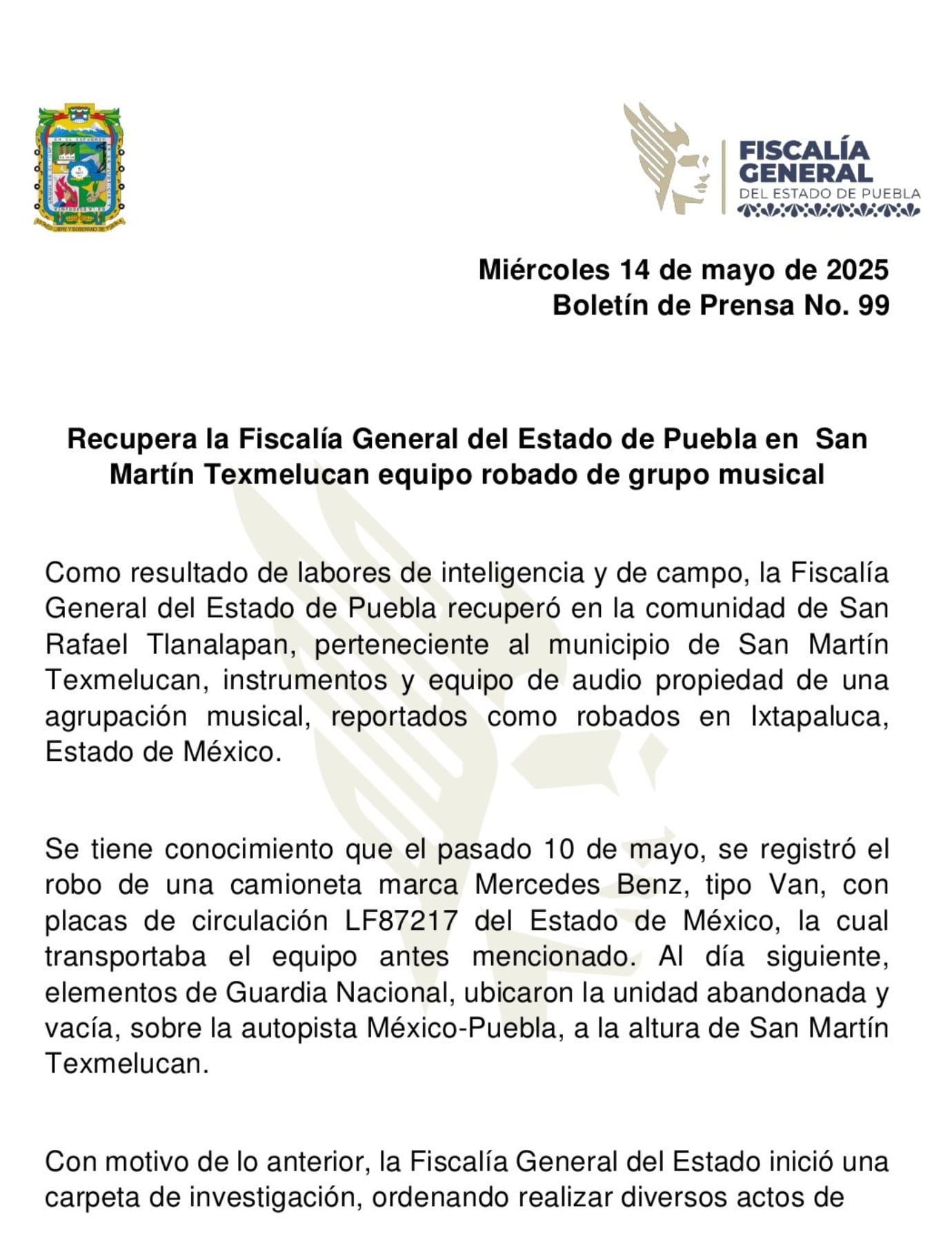 Fiscalía de Puebla recupera los instrumentos robados de Los Ángeles Azules