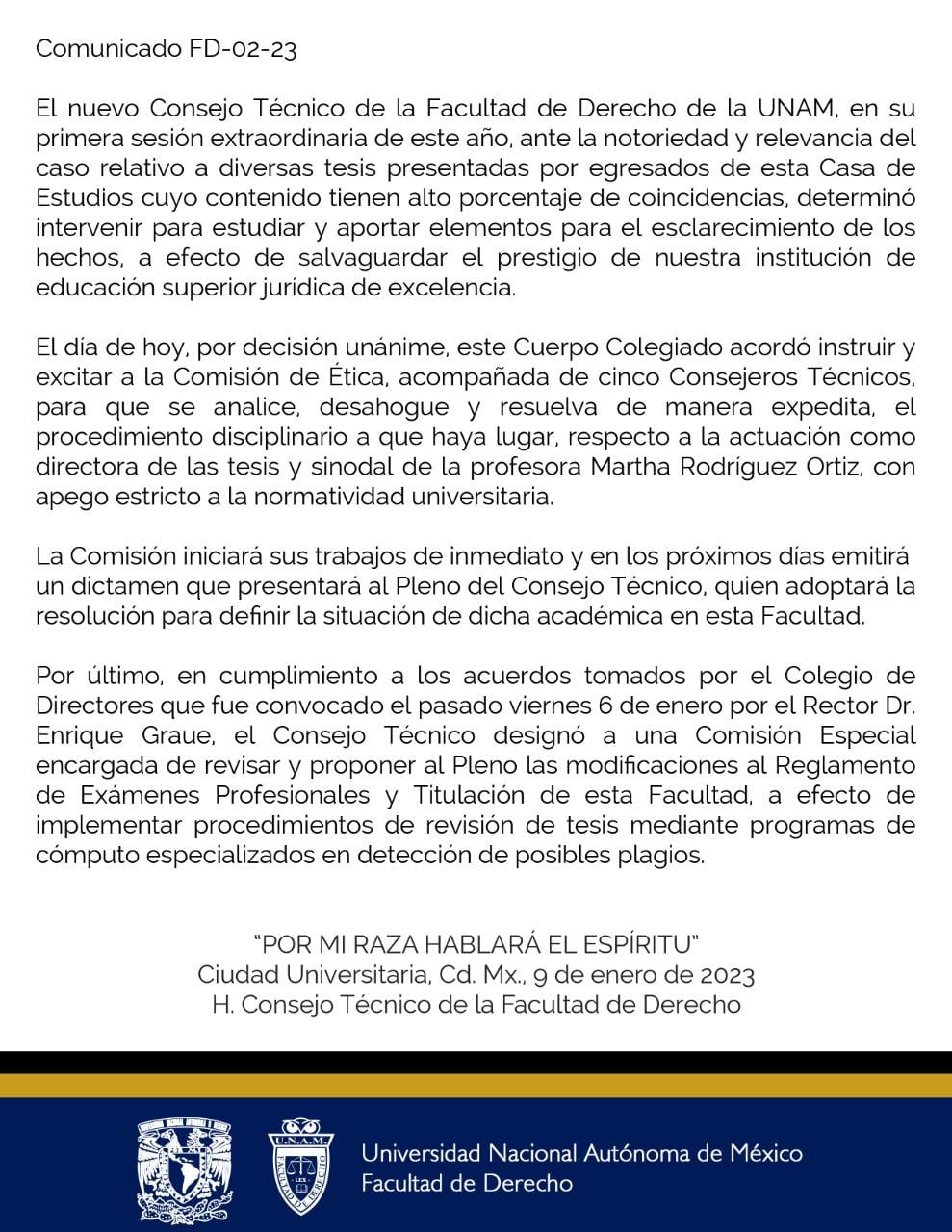 Comunicado de la Facultad de Derecho