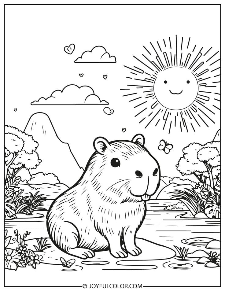 Dibujos de capibara en primavera para colorear