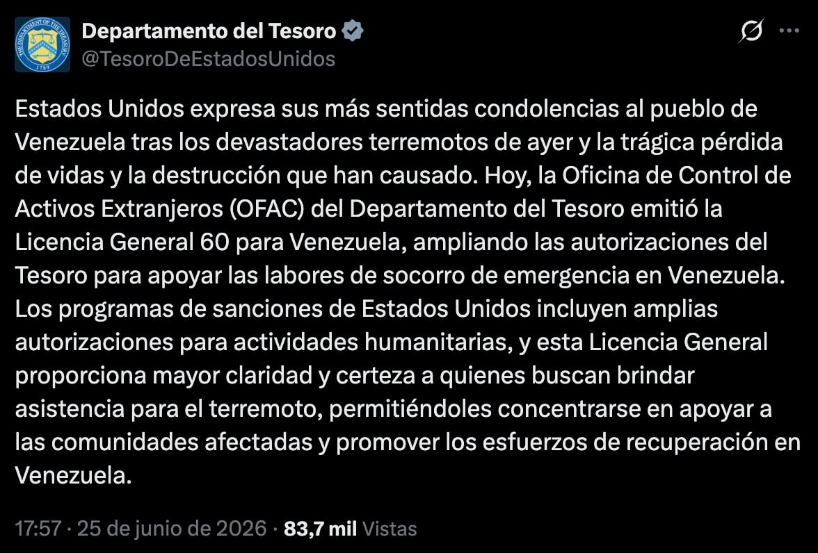 Estados Unidos levanta temporalmente sanciones a Venezuela por emergencia