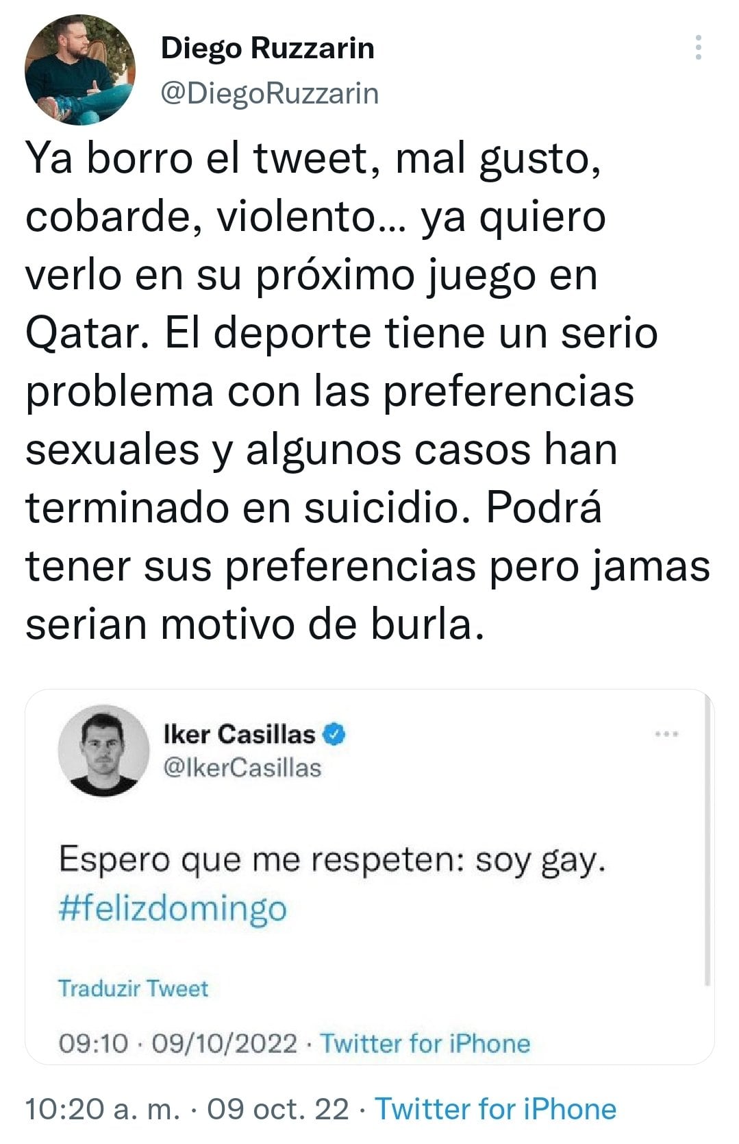 Tweet de Diego Ruzarrin contra Iker Casillas.
