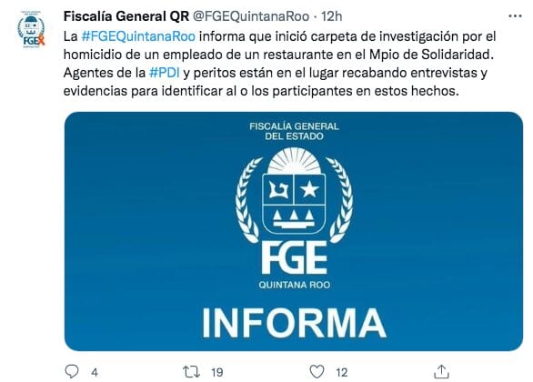 Tuit de la Fiscalía de Quintana Roo