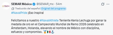 Marina felicita a Kenia Lechuga por su oro en el Mundial de Remo 2026