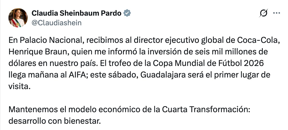 Claudia Sheinbaum confirma llegada del trofeo del Mundial 2026 y anuncia inversión de Coca-Cola