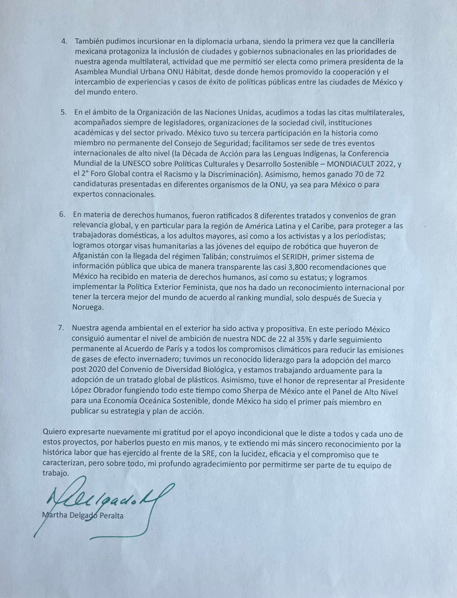 La carta de Martha Delgado al presentar su renuncia a la SRE
