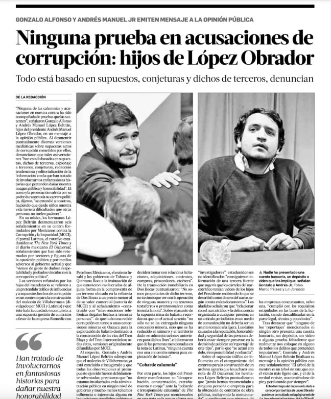 La Jornada publica carta de hijos de AMLO