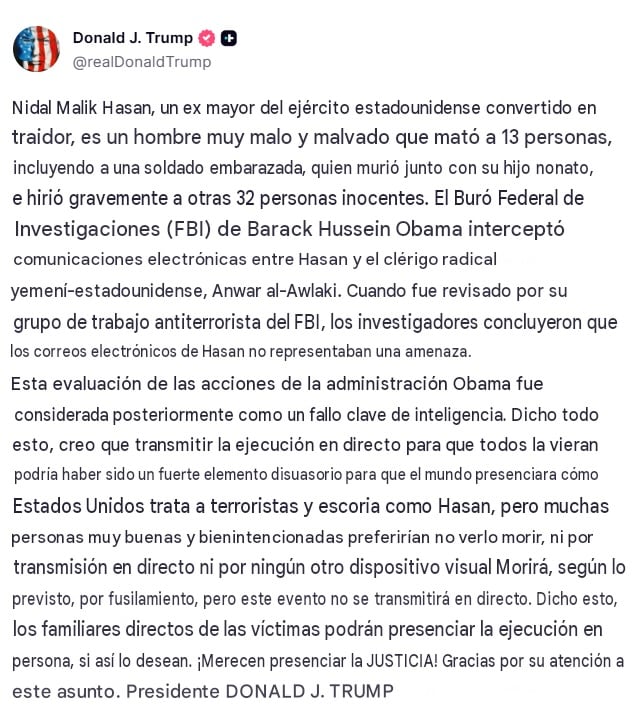 Trump recula: ejecución de Nidal Malik Hasan ya no será transmitida en vivo