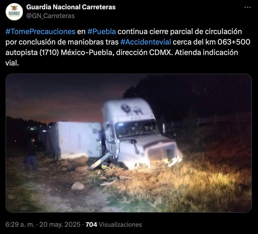 Accidente en autopista México-Puebla hoy 20 de mayo