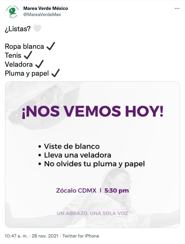 Convocatoria de colectivo Marea Verde México a evento pacífico en CDMX