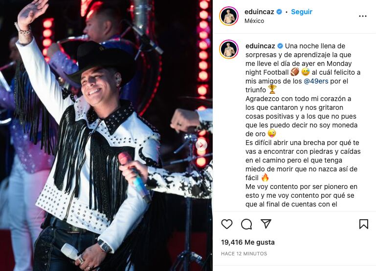Post de Eduin Caz tras ser abucheado