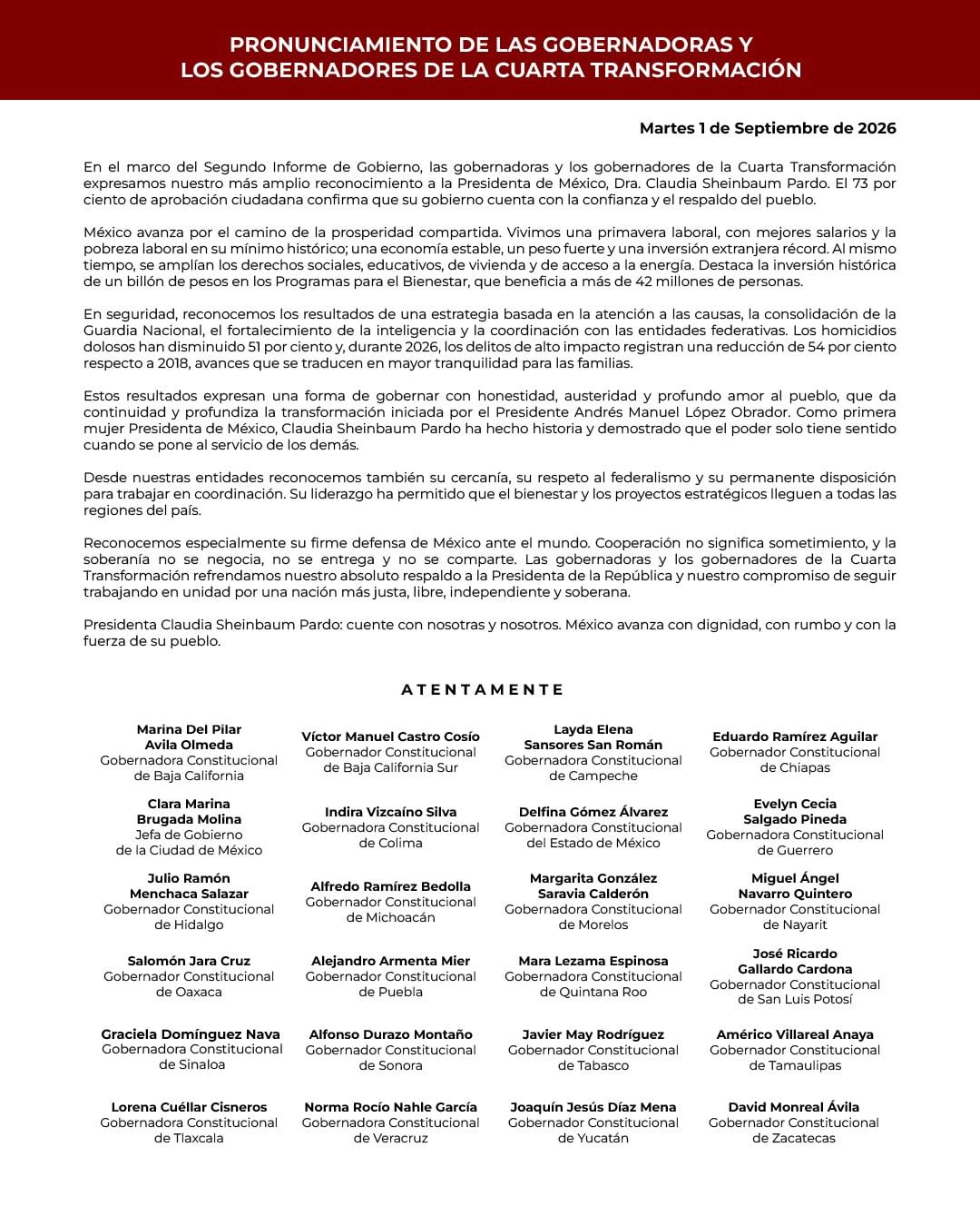 Gobernadores de Morena reconocen Segundo Informe de Claudia Sheinbaum.