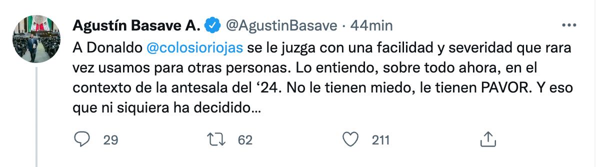 Tuit de Agustín Basave sobre Luis Donaldo Colosio Riojas