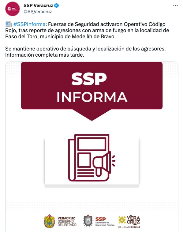 Activan Operativo Código Rojo por enfrentamiento en Medellín de Bravo, Veracruz