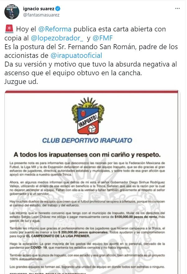 Carta del Club Irapuato