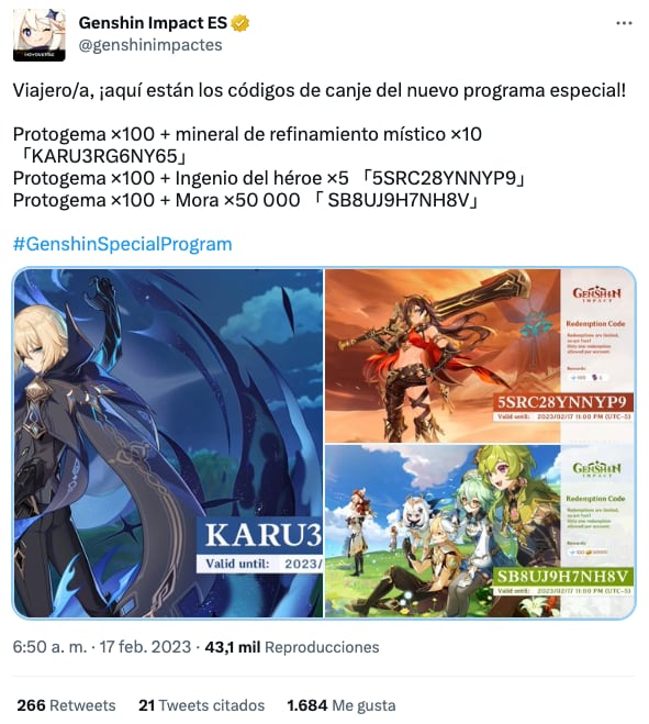Genshin Impact revela códigos canjeables