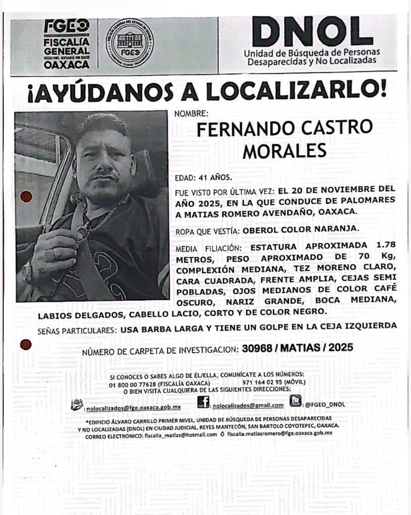 Ficha de desaparición de Fernando Castro Morales.