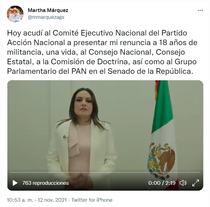 Captura de pantalla del tuit de la senadora Martha Márquez dónde renuncia al PAN/ @mmarquezags