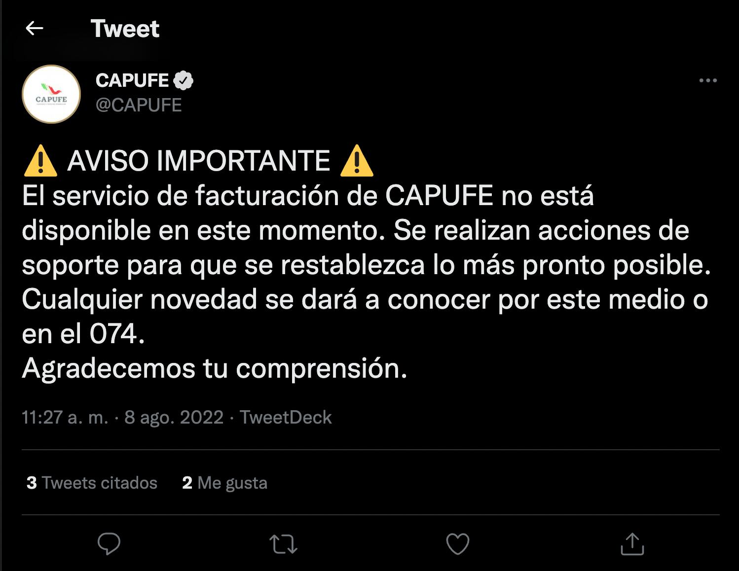 Capufe se queda sin servicio de facturación y no se sabe cuándo reanudará el servicio
