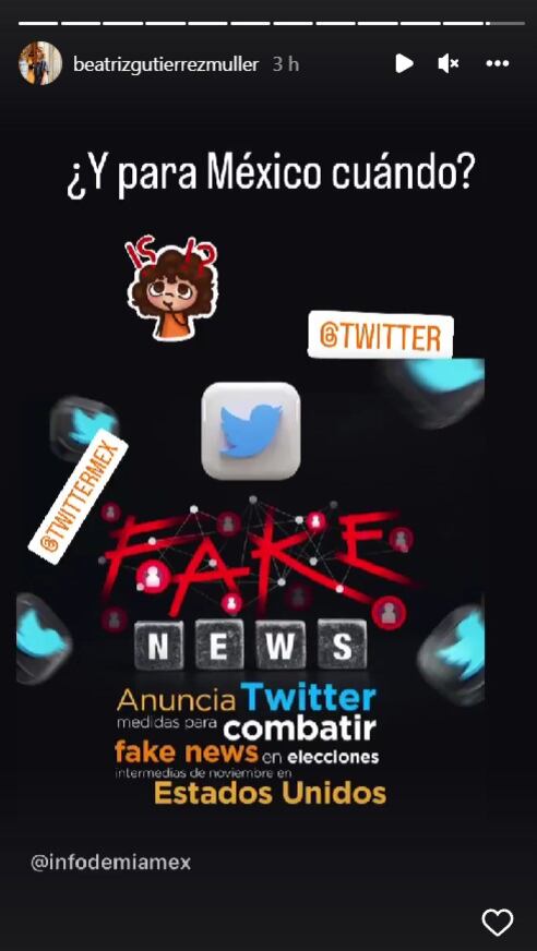 Beatriz Gutiérrez pregunta a Twitter cuándo combatirá las fake news en México
