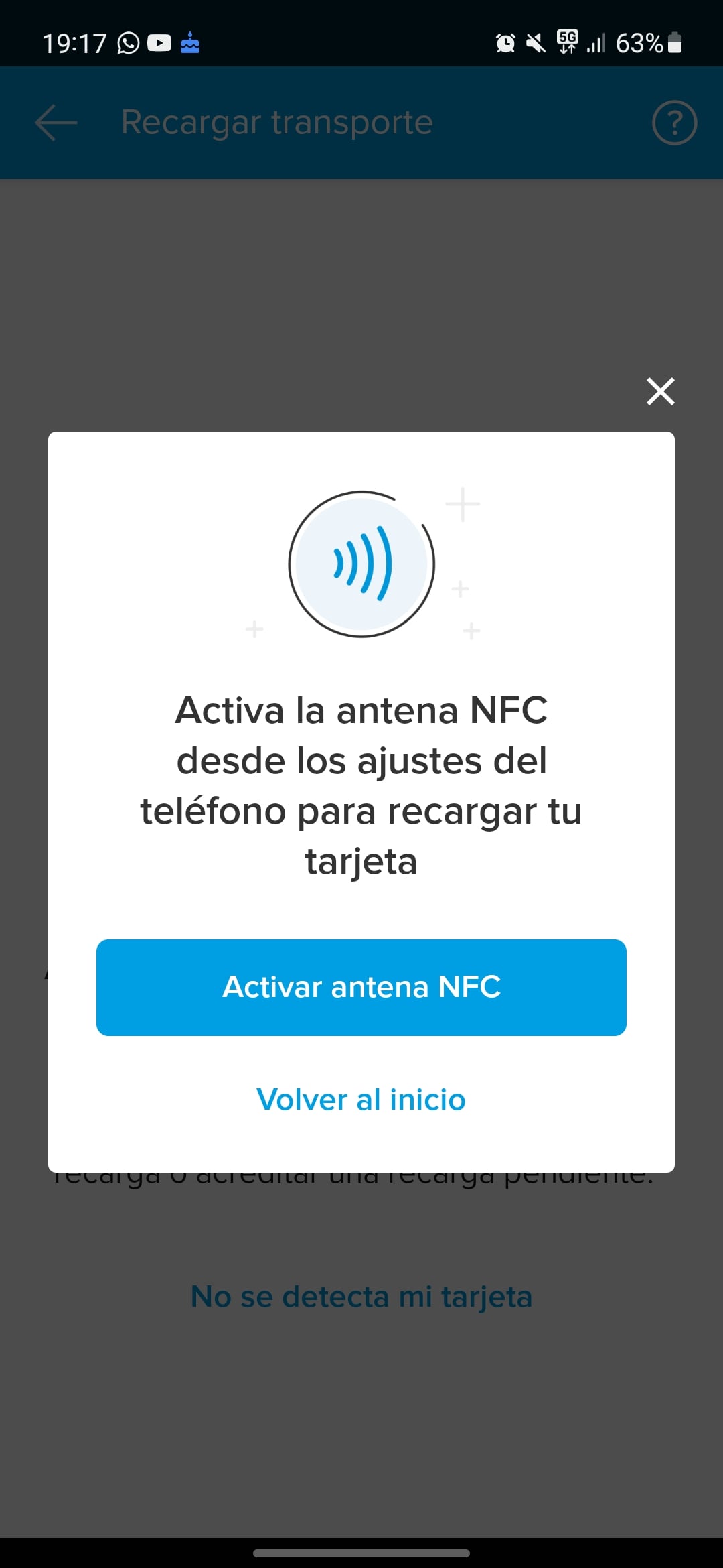 Pantalla para activar pagos por NFC de tarjeta de Movilidad