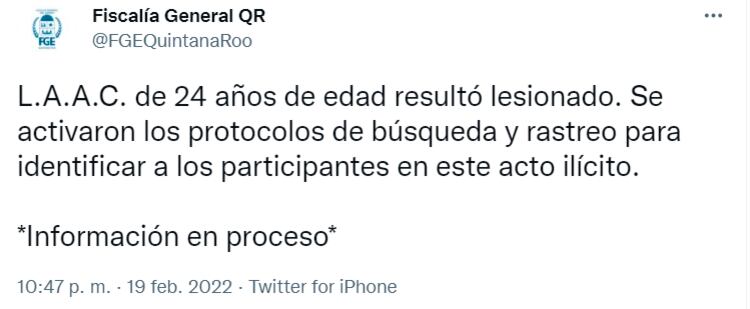 La FGE de Quintana Roo informar de una balacera en Tulum deja dos muertos/Twitter