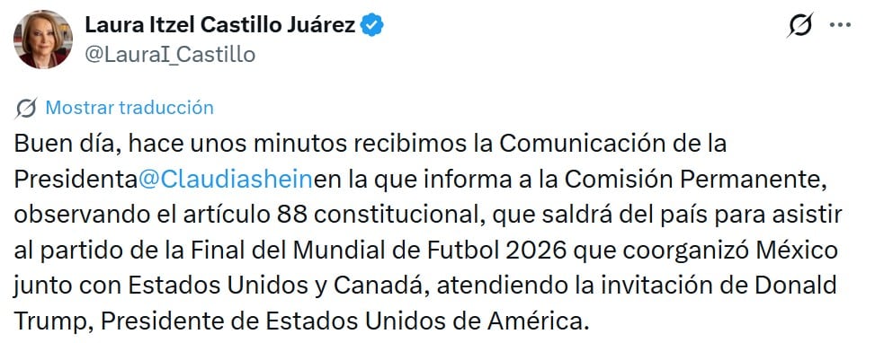 Senado confirma salida de Sheinbaum de México para asistir a la final del Mundial 2026