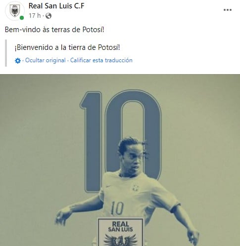 Anuncio de Real San Luis sobre Ronaldinho