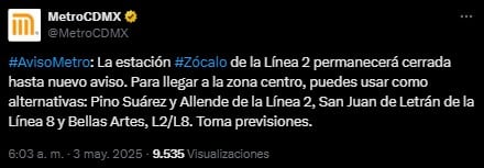 Metro CDMX hoy 3 de mayo.