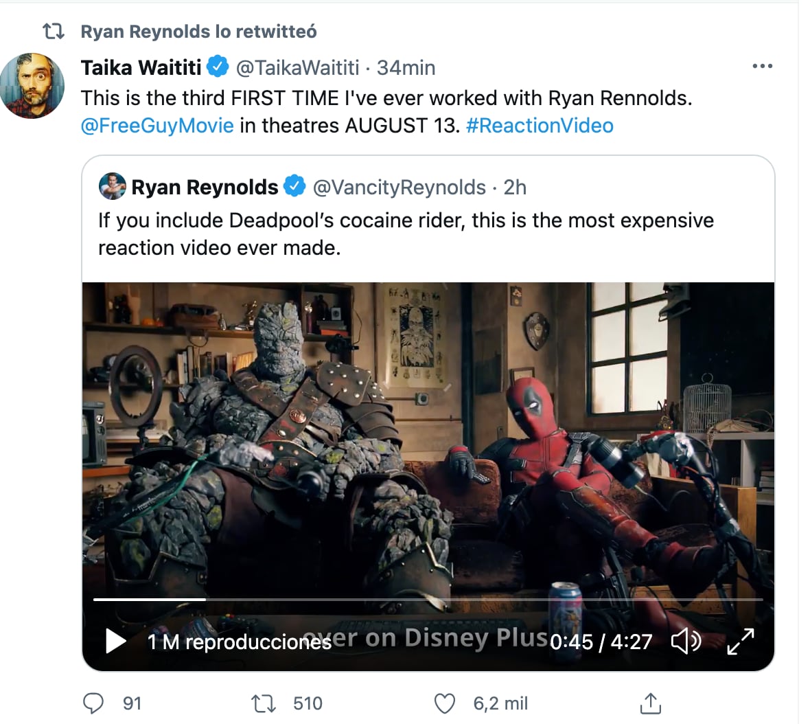 Reacción de Deadpool y Korg al trailer de 'Free Guy'