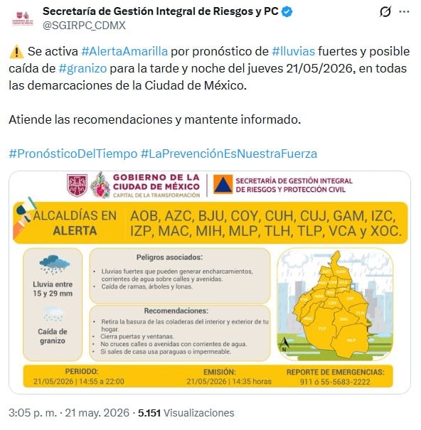 Pronóstico de granizo activa alerta amarilla en estas alcaldías de CDMX