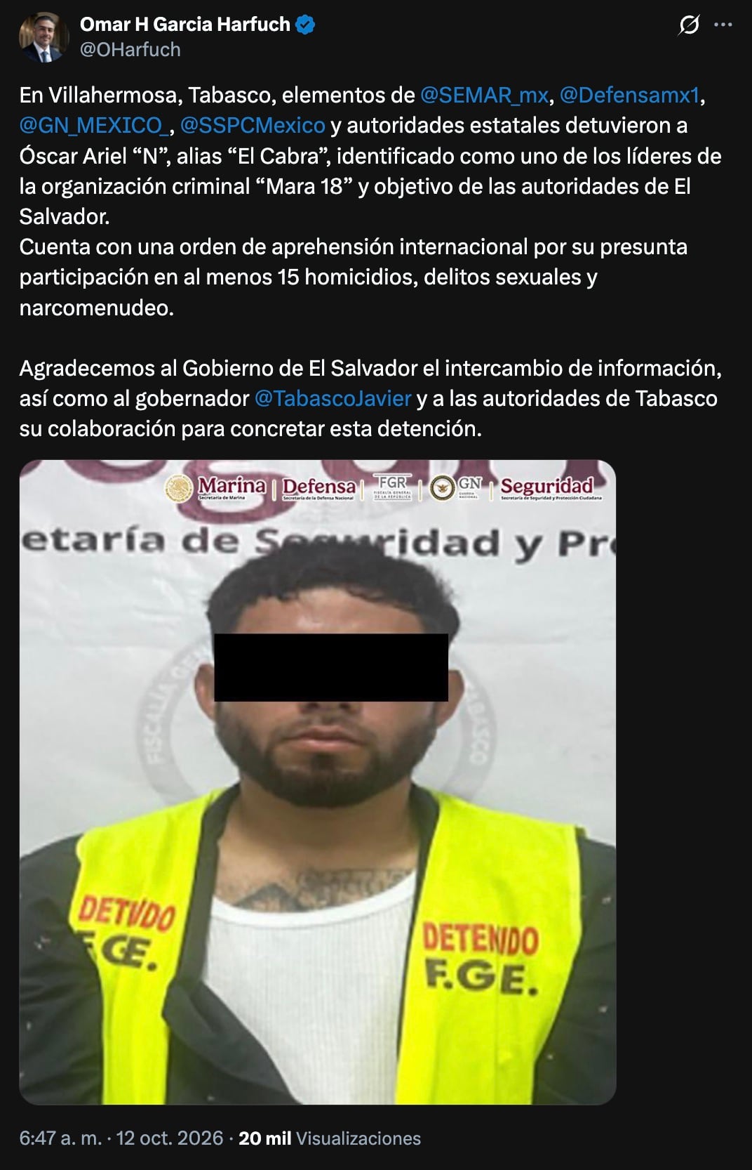 Harfuch confirma detención de ‘El Cabra’, de Mara 18, en Tabasco